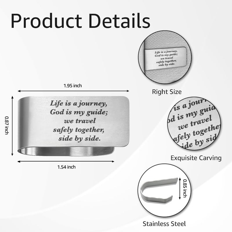 PUVOXHO Life is A Journey God is My Guide We Travel Safely Together Side by Side Engraved Stainless Steel Car Visor Clip, Drive Safe Car Accessories, Guardian Angel Gifts for Family Friend Couple - Image 2